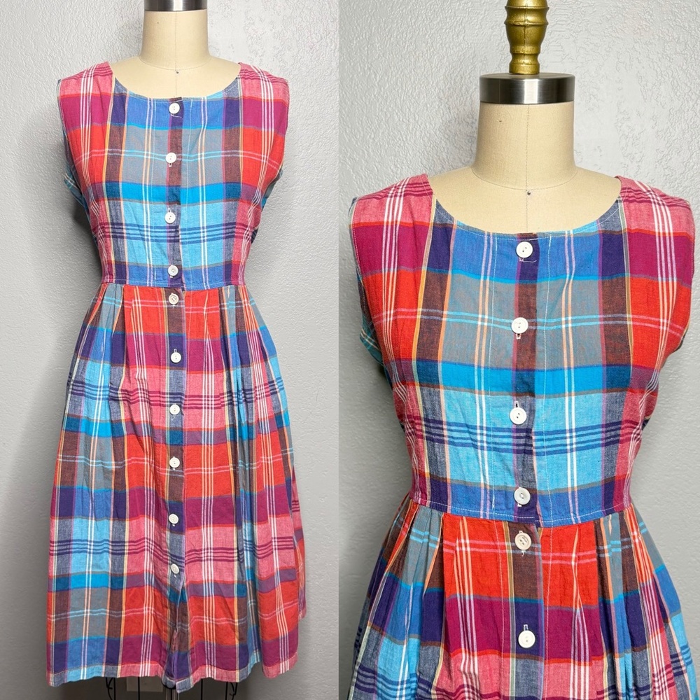 Vintage 60s handmade Plaid Sleeveless Dress Sz M - Picture 1 of 5